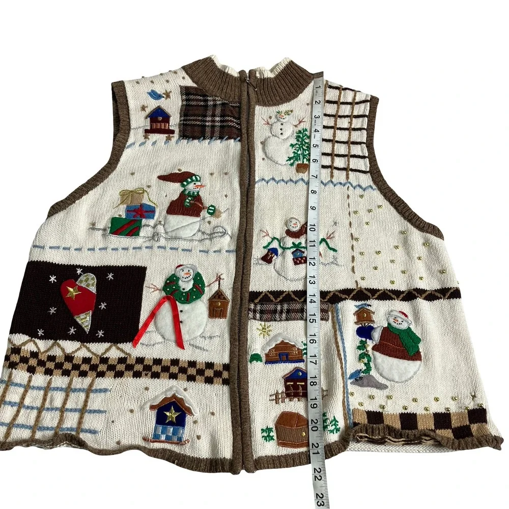 Vintage‎ Designers Originals Studio Joy Sweater Vest Womens L Cream Snowman Zip